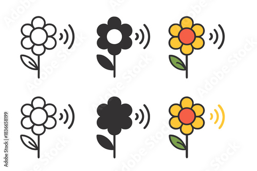 Flower Sound Icons. Flower with petals and subtle motion lines indicating triggered sound, clean geometric minimal icon, first in