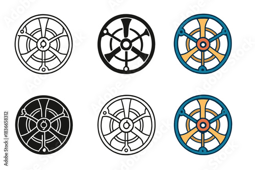 Set of six round wheel icons with various designs and color schemes.