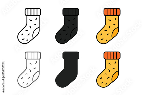 Stylized Wool Sock Icons. Thick wool sock with ribbed cuff and cozy texture, minimal vector icon, first in line style with thin