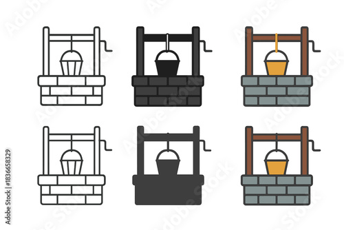 Bucket in Well Icon. Wooden bucket suspended in a stone well with rope, minimal vector icon, first in line style with thin outline
