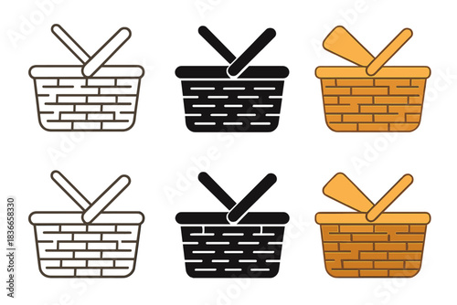 Willow Picnic Basket Layout. Top-down view of willow picnic basket showing woven texture and open lid, simple minimalist vector