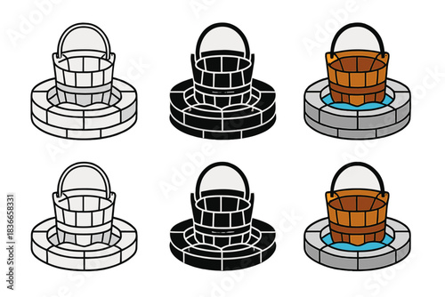 Wooden Bucket Illustrations. Wooden bucket partially submerged in stone well water, abstract minimalist vector illustration, first