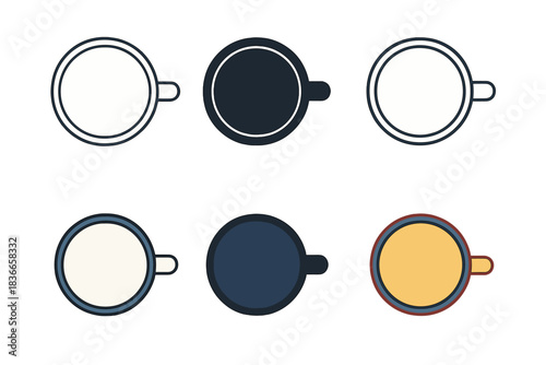 Enamel Mug Styles. Top-down view of enamel camping mug showing round rim and handle, simple minimalist vector illustration, first