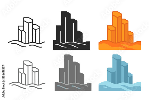 Basalt Columns Vectors. Side view of basalt columns rising from cooled lava flow, simple minimalist vector illustration, first in