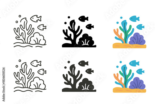 Underwater Coral Icons. Underwater coral reef ecosystem with various coral shapes and small fish swimming around, minimalist