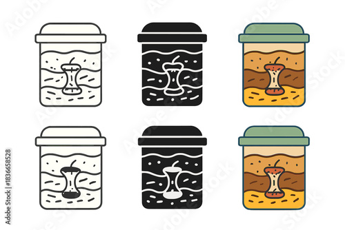 Compost Bin Layers. Cross-section of compost bin showing layered organic matter with apple core visible, clean educational ecology