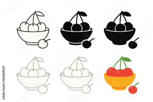 Cherry Bowl Variations. Minimalist scene of cherry bowl and one missing fruit, symbolizing playful imperfection and spontaneity,