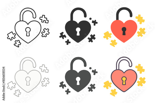 Heart Lock Puzzle. Open heart-shaped padlock surrounded by small puzzle fragments, minimalist symbolic illustration, first in line