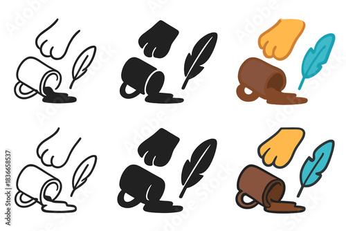 Cat Paw Spills Coffee. Playful cat paw touching a spilled coffee mug and feather quill, simple clean vector icons, first in line