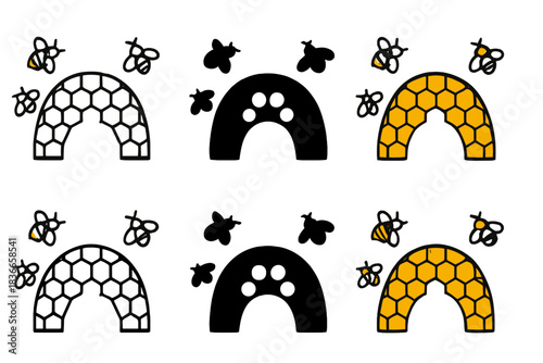 Hexagonal Hive Bridge. Bridge made of hexagonal hive cells with bees hovering around, simple clean vector icons, first in line