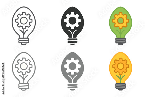 Eco-Inspired Light Icon. Gear-shaped lightbulb filament surrounded by a delicate leaf outline, simple clean vector icons, first in