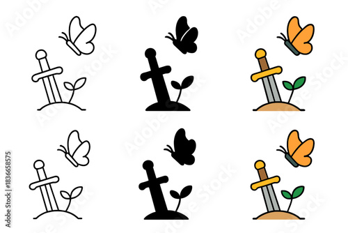 Butterfly and Buried Sword. Butterfly flying above a seedling growing around a buried sword, minimal vector composition, first in