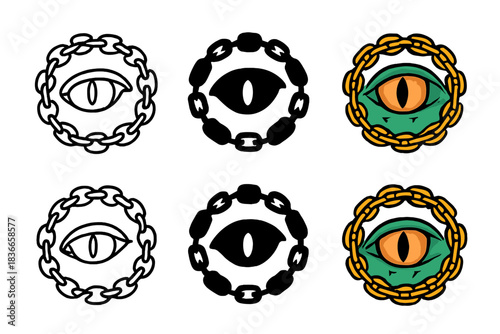 Dragon Eye Amulet. Chain links wrapping around a dragon’s eye in the shape of a protective amulet, simple minimalist vector icons,