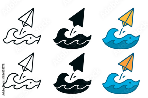 Whale Waves Dive. Paper rocket diving into ocean waves shaped like a whale, minimal vector composition, first in line style with