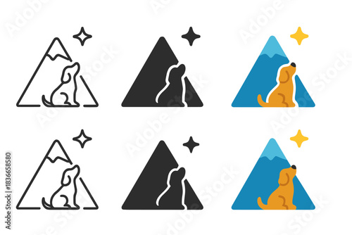 Dog Star Gazing. Dog sitting at the base of a mountain gazing at a distant star in the sky, minimalist symbolic icons, first in