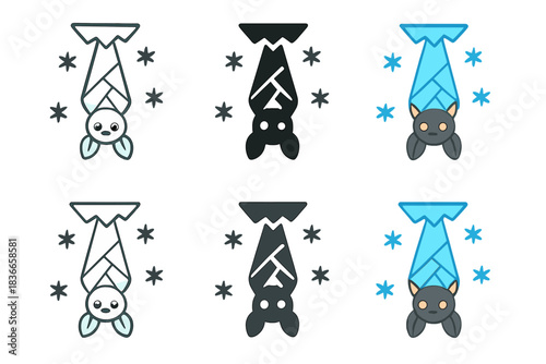 Bat and Gem Icicle. Bat hanging upside down from a gem-shaped icicle surrounded by snowflakes, simple minimalist vector icons,
