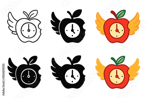 Time Flies Symbolism. Clock hands emerging from a bitten apple with feathered wings curving around it, minimalist symbolic icons,