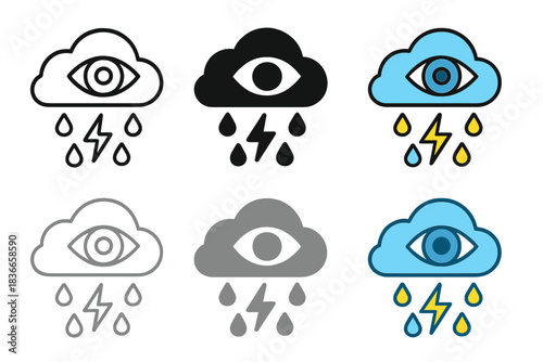 Eye Cloud Icons. Cloud shaped like an eye releasing small raindrops and flashes of lightning, simple clean vector icons, first in