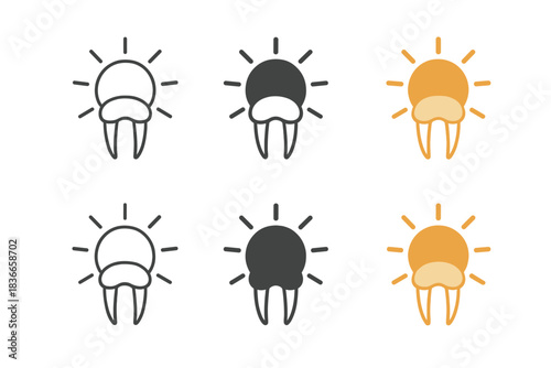 Walrus Emblem Variations. Walrus Tusk Sun, minimalist polar emblem symbolizing strength, warmth, and endurance in frozen calm,