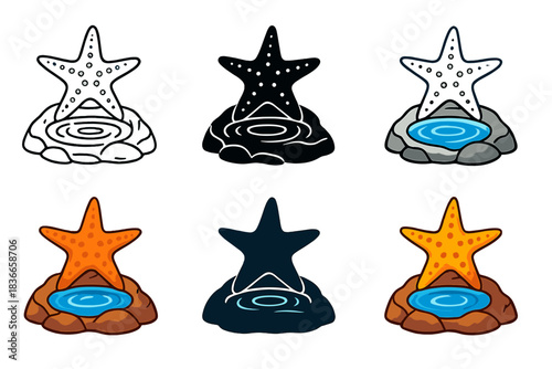 Starfish Tidal Artistry. Starfish Rock Tidepool, stylized composition blending organic star shape, circular water ripples, and