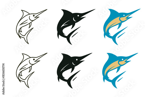 Swordfish Art Styles. Swordfish Ocean Spear, minimalist marine-inspired figure merging motion, form, and directional energy, first