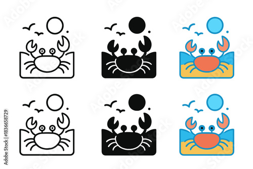 Crab Beach Icons. Crab Beach Bubble, clean modern icon capturing motion and simplicity within a calm coastal scene, first in line