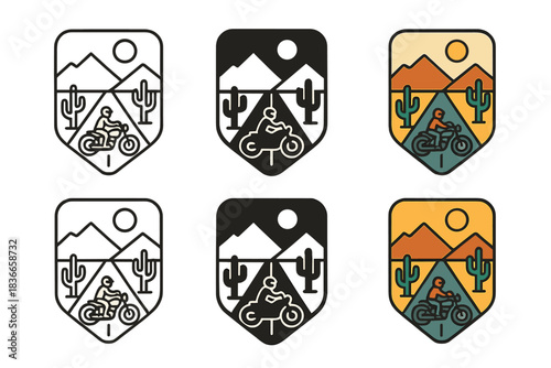 Motorcycle Desert Freedom Emblem. Motorcycle Desert Road, minimalist adventure emblem symbolizing freedom, endurance, and open