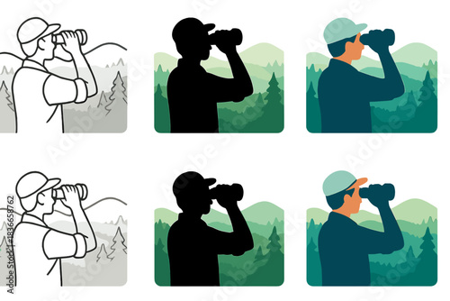 Birdwatcher Views Hills. Birdwatcher silhouette with binoculars facing forested hills, soft tree outlines, first in line style