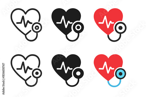Heart Icon Variations. Open heart icon with stethoscope diaphragm touching it, heartbeat symbol inside, first in line style with