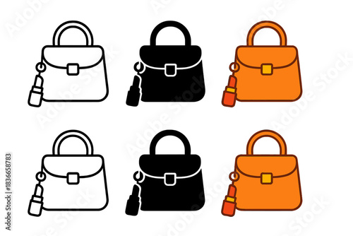 Stylish Handbag Designs. Compact handbag with dangling keychain and lipstick silhouette overlay, simple geometry, first in line