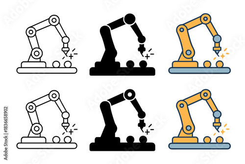 Robotic Arm Evolution. Robotic arm positioned over assembly line with small sparks of automation, sleek technological detail,
