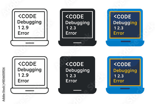 Multistyle Debugging Laptop. Laptop showing debugging console and code output, first in line style with thin outline, second in