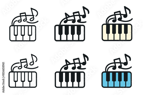 Stylized Piano Keys. Stylized piano keys icon with flowing musical notes, first in line style with thin outline, second in solid