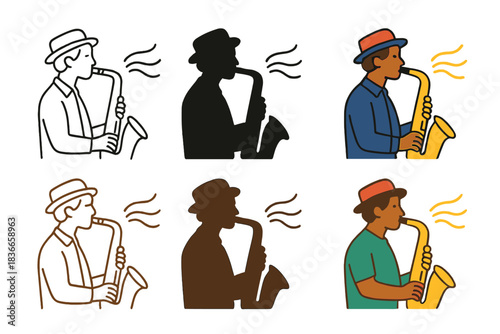 Saxophone Melodies Visualized. Musician playing saxophone with flowing melody arcs, first in line style with thin outline, second