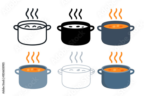 Steaming Soup Variations. Cooking pot with steaming soup and rising vapor lines, first in line style with thin outline, second in