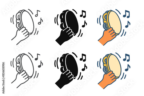 Tambourine Motion Variations. Hand holding tambourine with jingling motion lines and musical notes, first in line style with thin