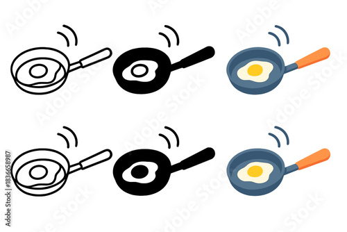 Egg Cooking Styles. Hand holding frying pan with egg cooking and motion arcs, first in line style with thin outline, second in