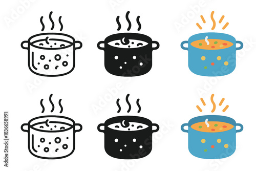 Boiling Pot Variations. Boiling pot with soup and radiant vapor arcs above, first in line style with thin outline, second in solid