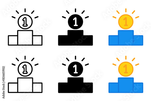 Podium and Medals Display. Podium with shining lights and gold medal in center first in line style with thin outline, second in