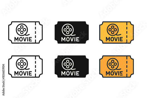 Stylized Movie Tickets. Movie ticket with film reel icon and tear mark first in line style with thin outline, second in solid