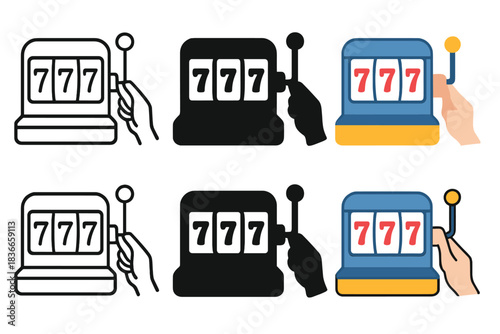 Diverse Slot Machine Styles. Hand reaching to pull lever beside spinning reels first in line style with thin outline, second in