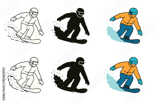 Dynamic Snowboard Styles. Snowboarder spraying snow dust while turning fast first in line style with thin outline, second in solid
