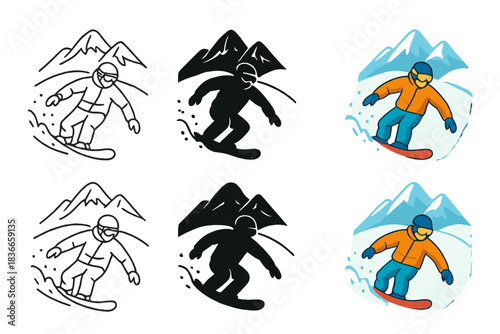 Snowboarding Styles Showcase. Snowboarder carving through fresh powder on mountain first in line style with thin outline, second