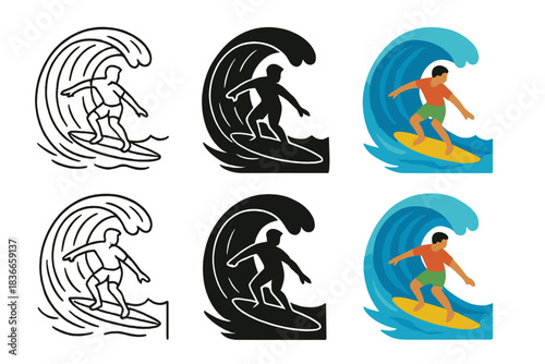 Surfer Silhouettes on Waves. Surfer silhouette balancing atop surfboard mid barrel first in line style with thin outline, second