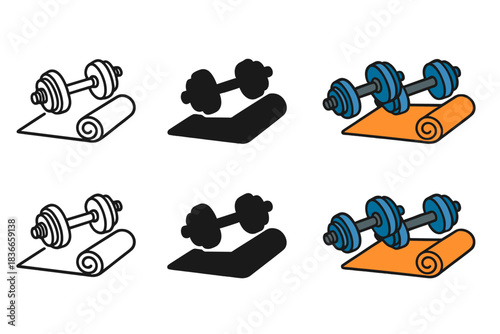 Dumbbells in Various Styles. Pair of adjustable dumbbells beside exercise mat first in line style with thin outline, second in