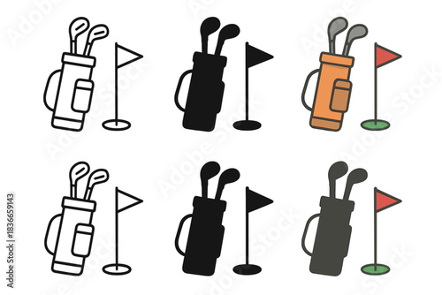 Stylized Golf Equipment. Golf bag with clubs standing near hole marker first in line style with thin outline, second in solid