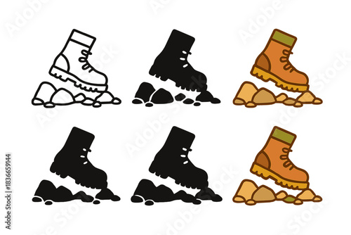 Stylized Boot Sequence. Single boot stepping on rocky mountain path first in line style with thin outline, second in solid style