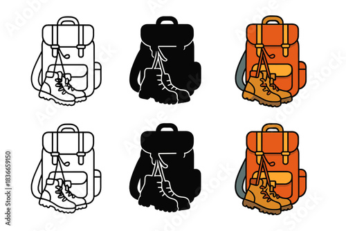 Creative Hiking Boot Styles. Hiking boots hanging by laces from backpack first in line style with thin outline, second in solid