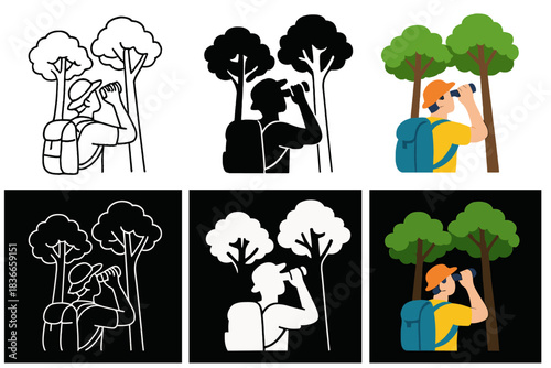 Hiker's Forest View. Hiker holding binoculars gazing at forest canopy first in line style with thin outline, second in solid style
