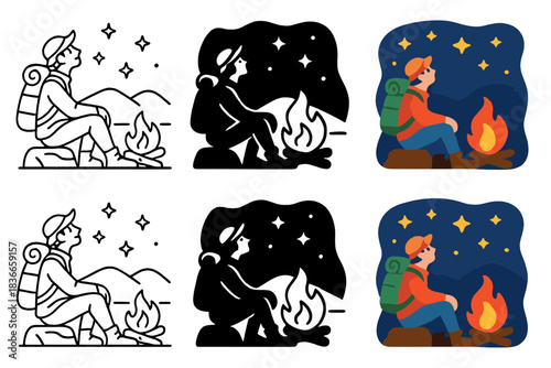 Backpacker Under Starry Sky. Backpacker sitting by fire gazing at stars first in line style with thin outline, second in solid